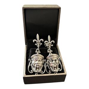 Vintage 1940’s Art Deco Chinese Warrior Mask Silver Tone Screw Back Earrings JB1